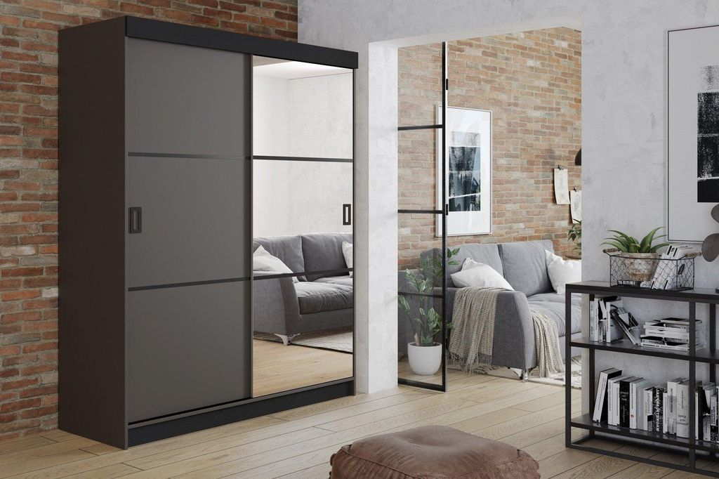Retro Kleiderschrank 138 cm mit Front in Grafit-Anthrazit. Variante: Grafit-Anthrazit, 138x205x59