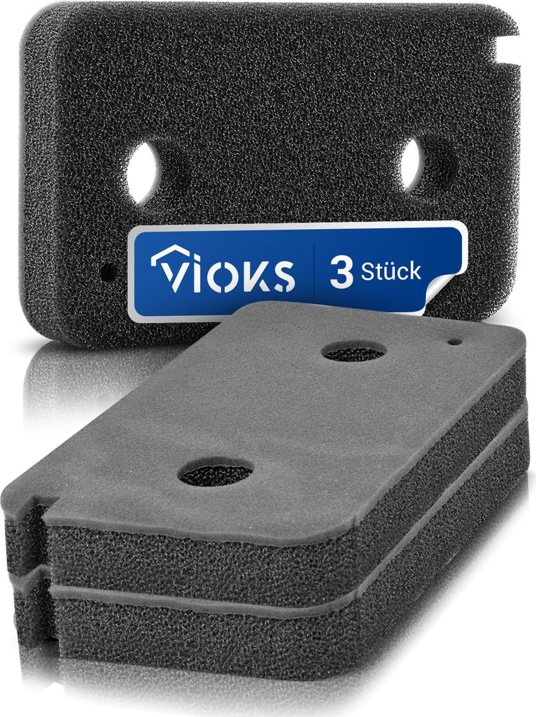 A product shot of foam filters for a dryer, with a stack of three filters in the foreground and one filter with a label in the background.