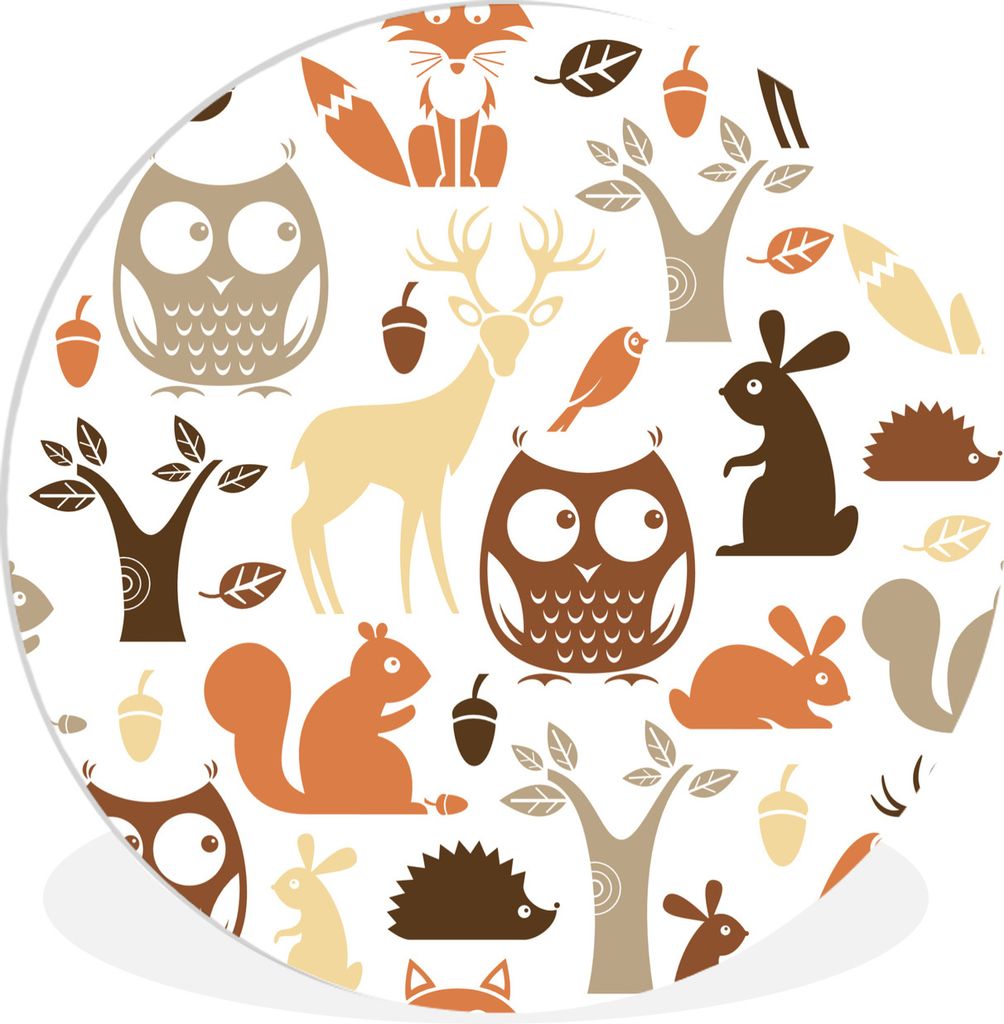 MuchoWow Rundes Wandbild - Runde Bilder Waldtiere - Muster - Erdtöne Ø 60 cm Kreis Wanddekoration Kunststoff - Wandkreis - Wandschmuck - Wand K...