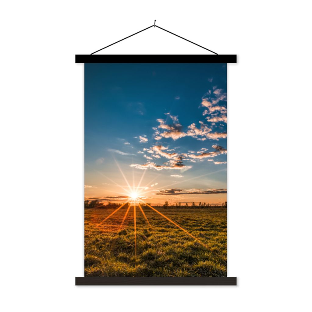 MuchoWow Textilposter Sonnenuntergang - Natur - Wolken - Gras 40x60 cm mit schwarzem Rahmen - Wanddekorationen