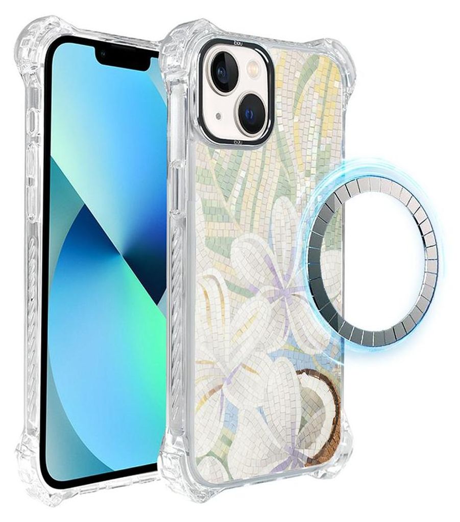 Schutzhülle für das iPhone 13, MagSafe-kompatibel, verstärkte Ecken, transparente Seiten, Weiße Lilie, Mosaik