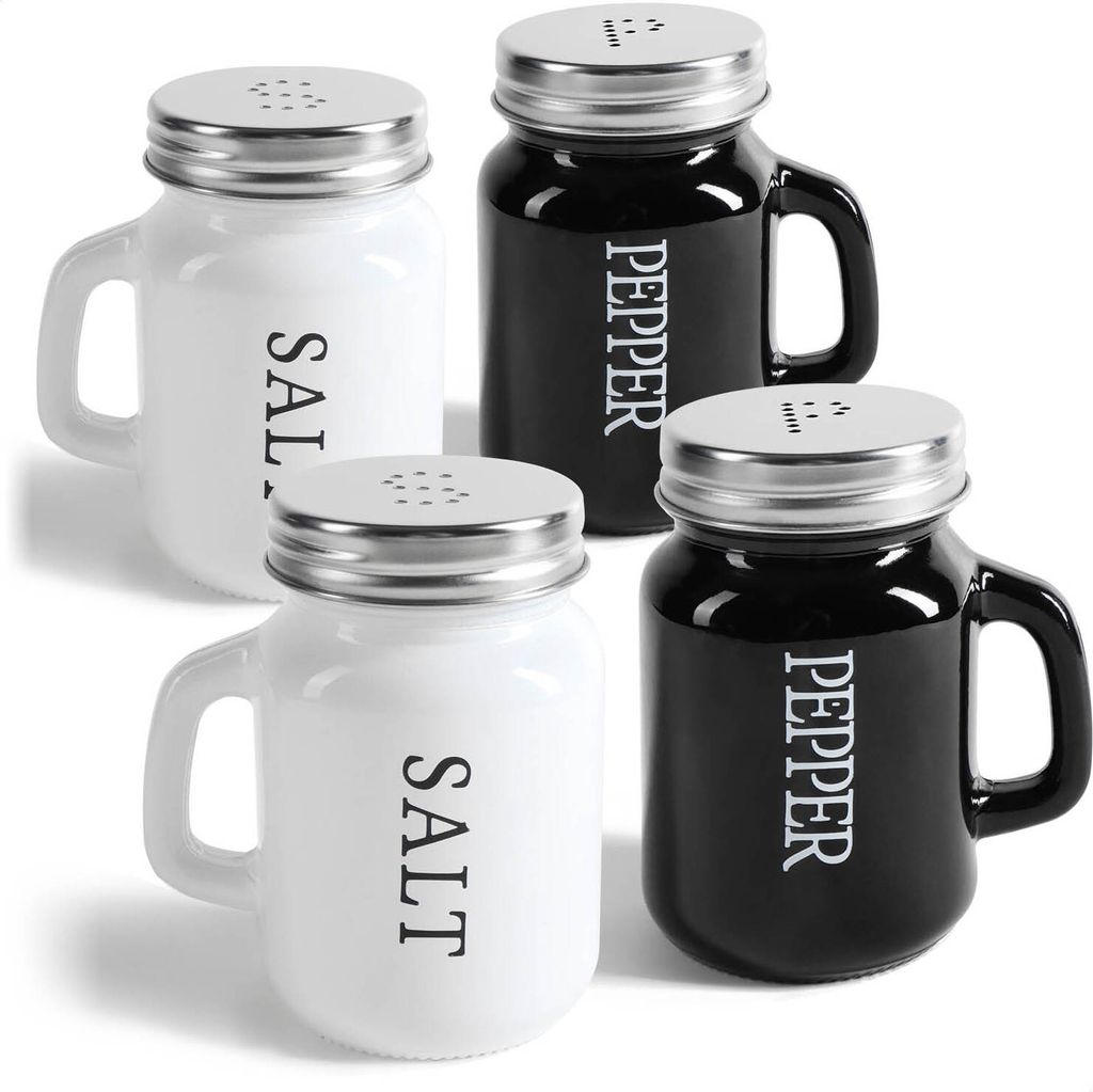 com-four 4-teiliges Salz- und Pfefferstreuer-Set - Gewürzstreuer mit Schraubdeckel und Henkel - Gewürzglas in Bierkrug-Form mit Aufschrift - mo...
