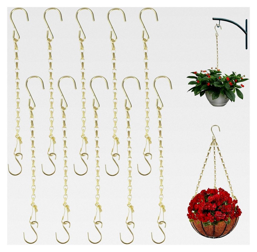 10 Stück Metall Blumenampel Ketten, 25 cm Kette zum Aufhängen mit Schnappen und S-Haken, Goldene Blumenampel Ketten Lang, Hängende Kette für Bl...