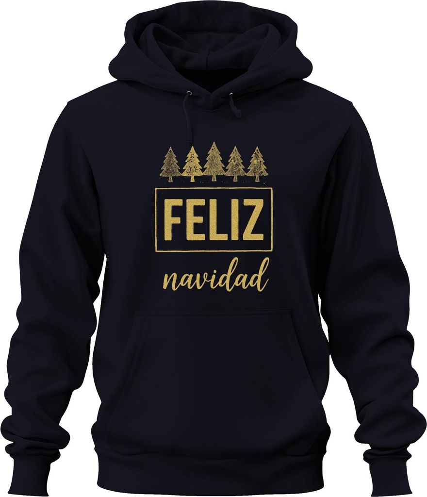 FELIZ navidad Weihnachten Weihnachtsbaum Gold Glitzer Geschenk Uni Hoodie Kapuzenpullover, Navy, M
