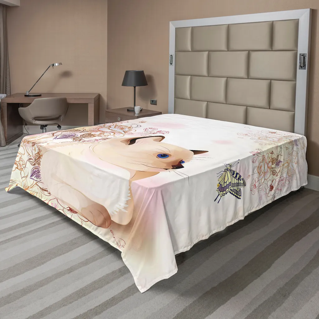 Drap plat multicolore doux en tissu microfibre chat et papillons pastel