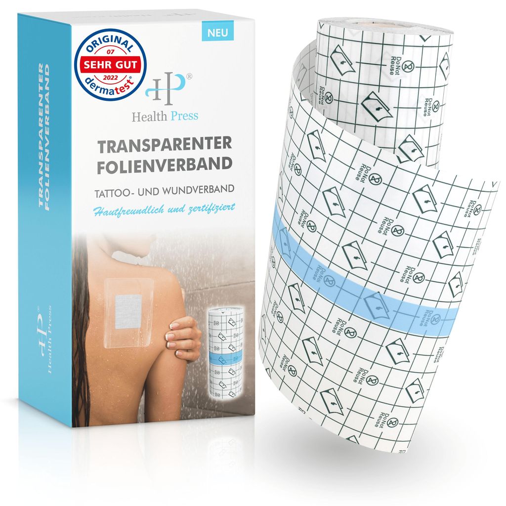 Health Press Transparenter Folienverband – Duschpflaster Rolle (15cm x 10m) – Pflaster Wasserfest – Tattoo Folie Verband