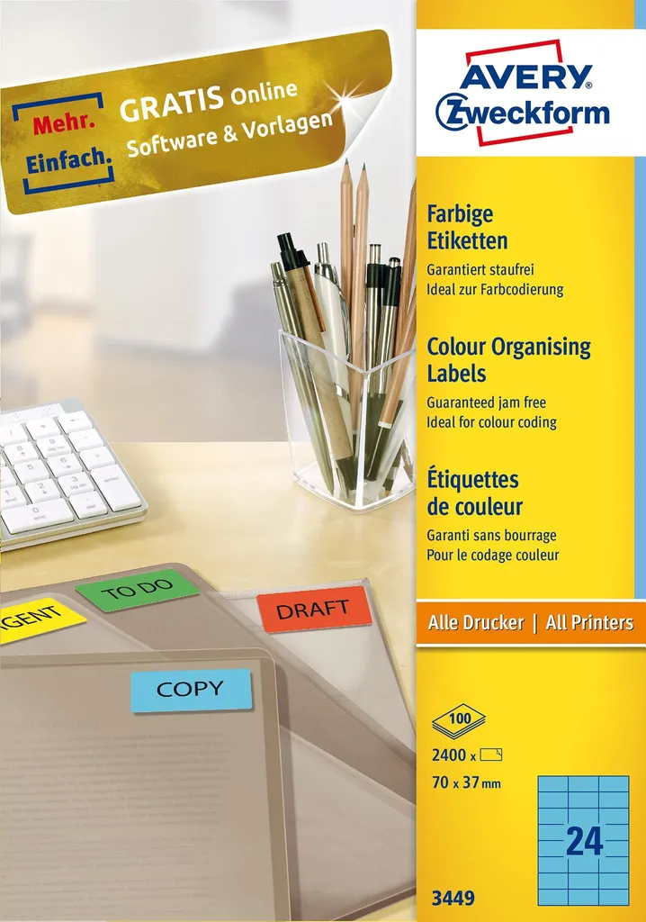 Set 2400 Etichette Avery 3449 Blu 70x37mm per Archivio e Codifica Colore