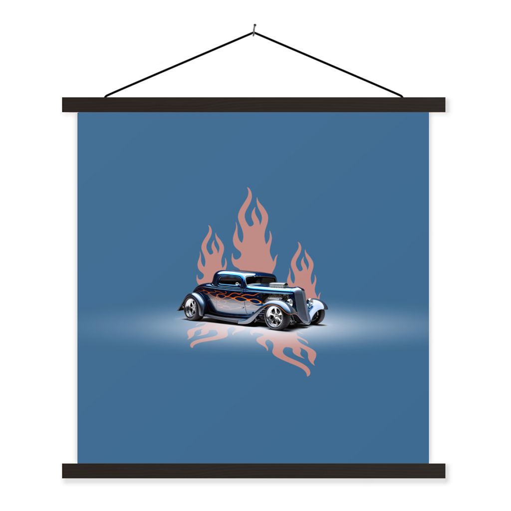 MuchoWow Textilposter Auto - Blau - Flammen - Vintage 90x90 cm mit schwarzem Rahmen - Magnetisches