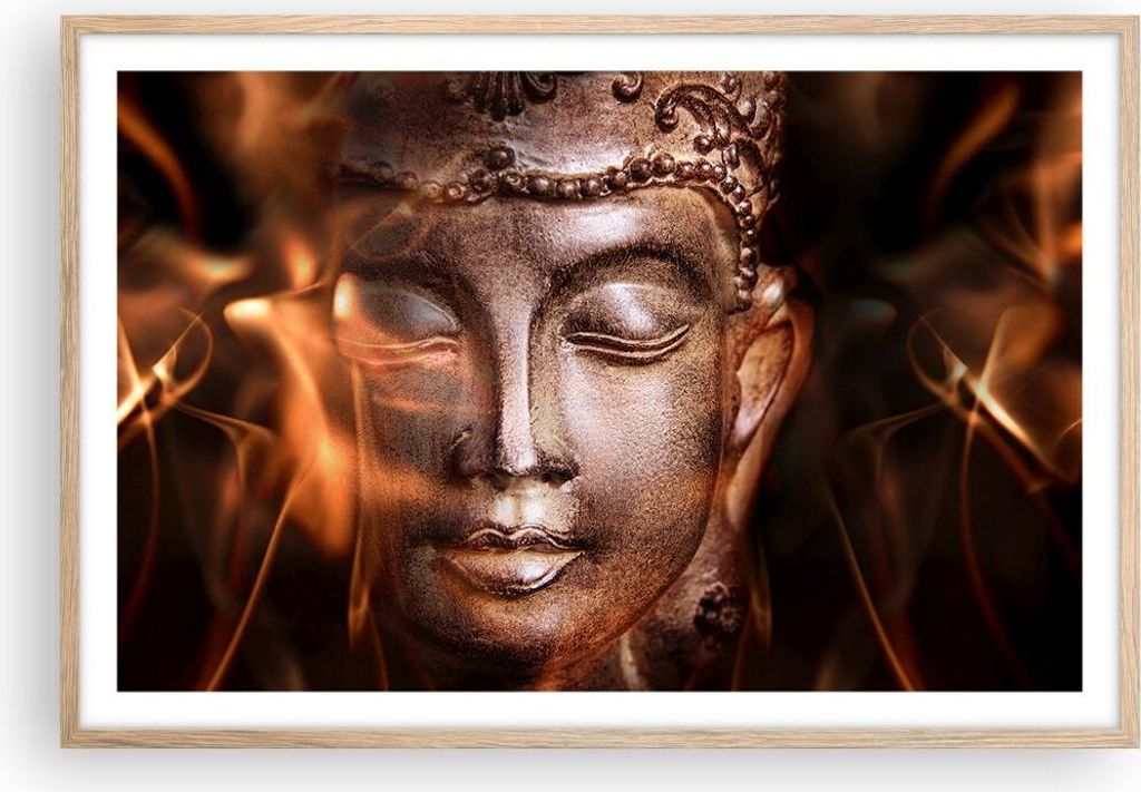 Gerahmtes Poster - Rahmen in heller Eiche - Buddha Statue Geheimnis - 91,5x61 cm - Wand Bild - Wanddeko - Wandbilder - Wandposter - Bilderrahmen - ...