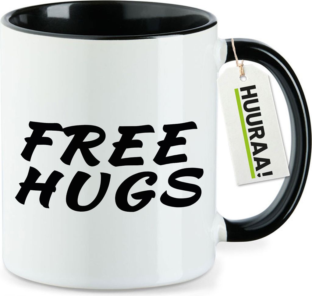 Huuraa Kaffeetasse Free Hugs Schriftzug 330ml Schwarz Keramik Kaffeebecher Geschenkidee