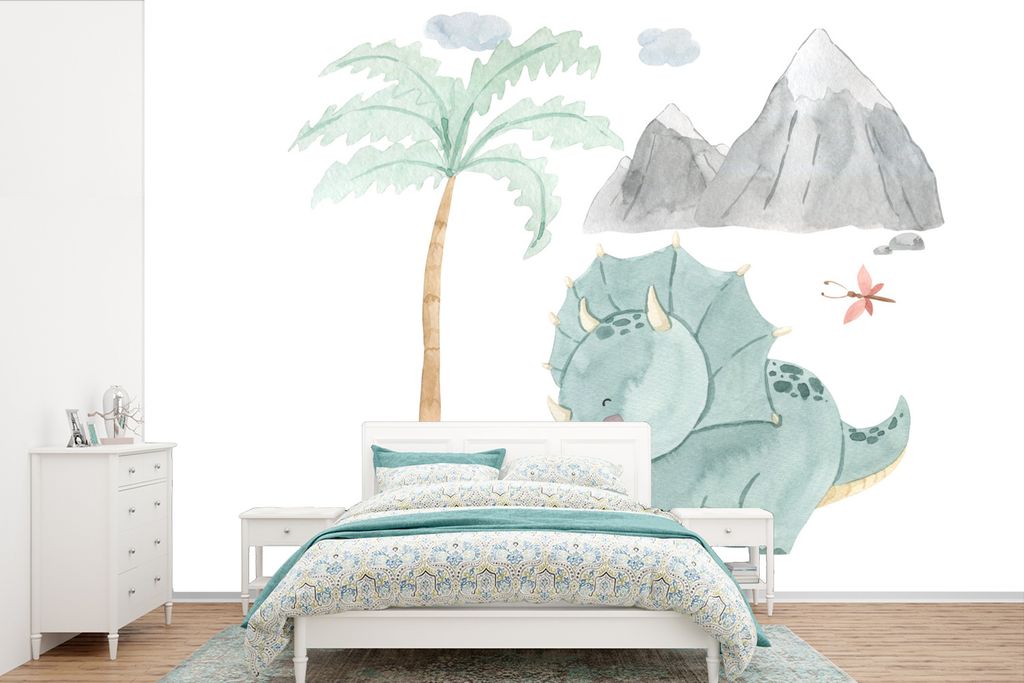 MuchoWow Fototapete für Wohnzimmer oder Schlafzimmer Wandtapete Vinyl Motivtapete Kinderzimmer - Dinosaurier - Berg - Jungen - Mädchen - Kind -...