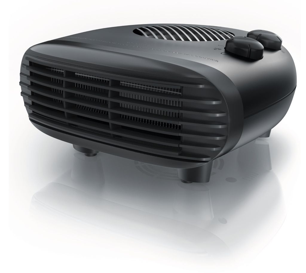 A black electric heater is shown on a white reflective surface.