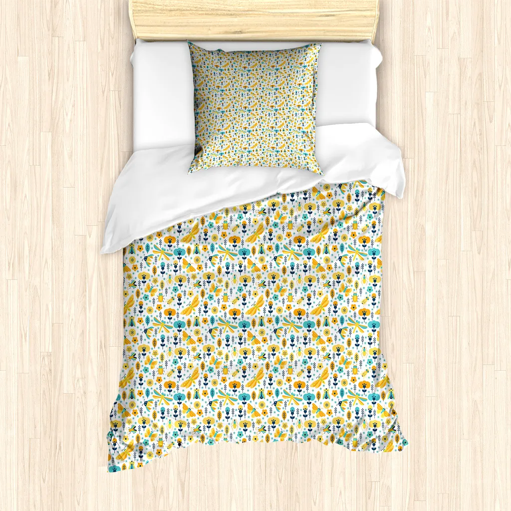 ABAKUHAUS Set copripiumino primaverile per letti singoli, fiori e insetti, antiacaro, adatto a chi soffre di allergie, con federa, 135 cm x 200 cm - 80 x 80 cm, multicolore