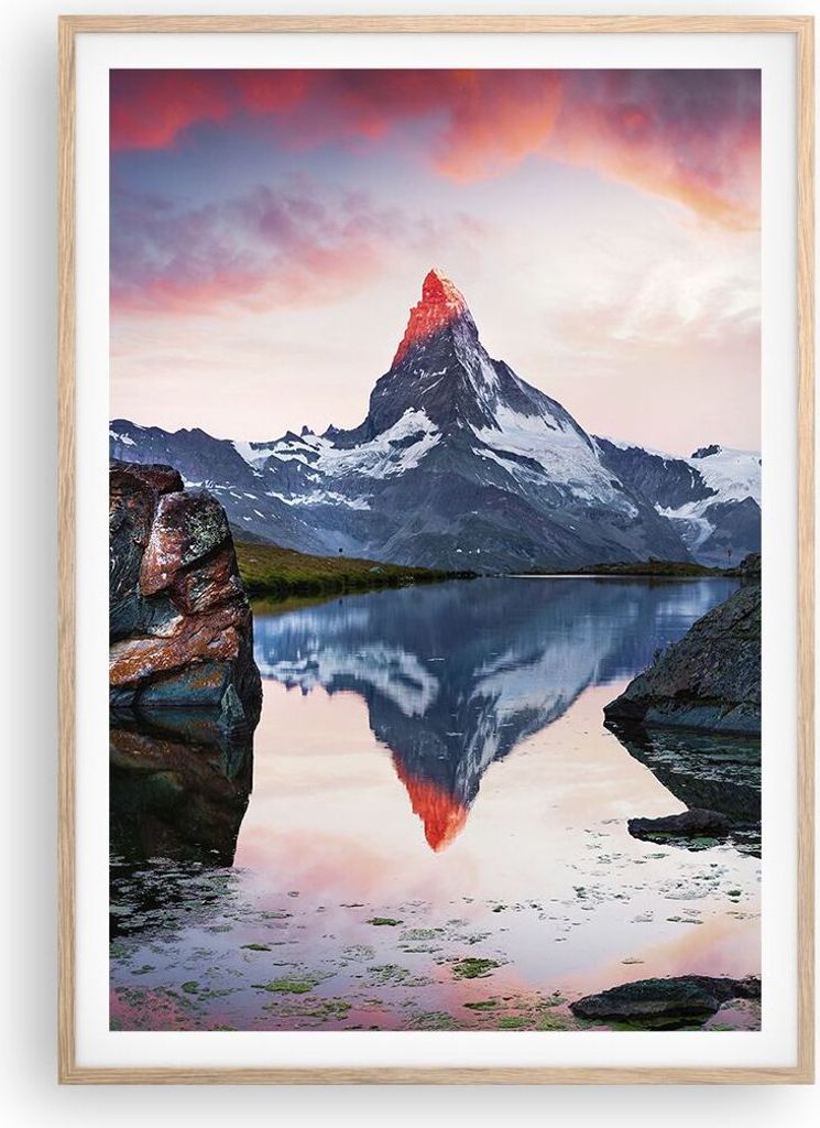 Gerahmtes Poster - Rahmen in heller Eiche - Berge Felsen Wasser - 70x100 cm - Wand Bild - Wanddeko - Wandbilder - Wandposter - Bilderrahmen - Bilde...