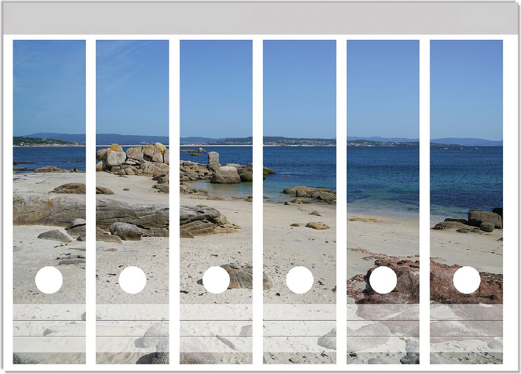 Wallario Ordnerrücken Sticker, selbstklebend für breite Ordner, 6 Stück, Motiv Felsen auf einem Sandstrand