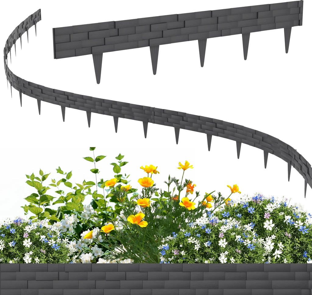 LZQ Rasenkante 10 m, Beeteinfassung Gartenpalisade in Stein-Optik, Beetumrandung Mähkante aus Kunststoff, 10 Elemente á 100 cm, Anthrazit