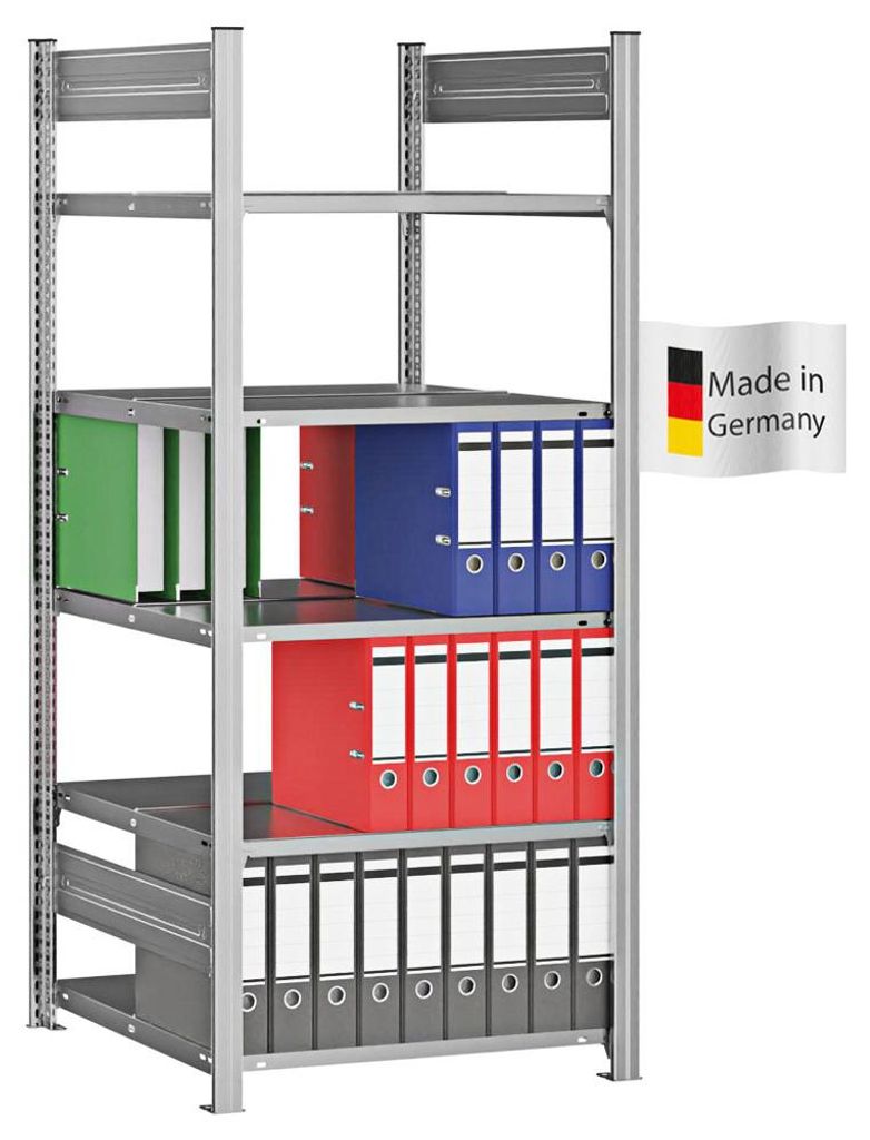 PROREGAL Aktenregal Stecksystem MAGNUS Germany | HxBxT 175x75x60cm | 5 Ebenen | Fachlast 90kg | Beidseitig nutzbar | Verzinkt