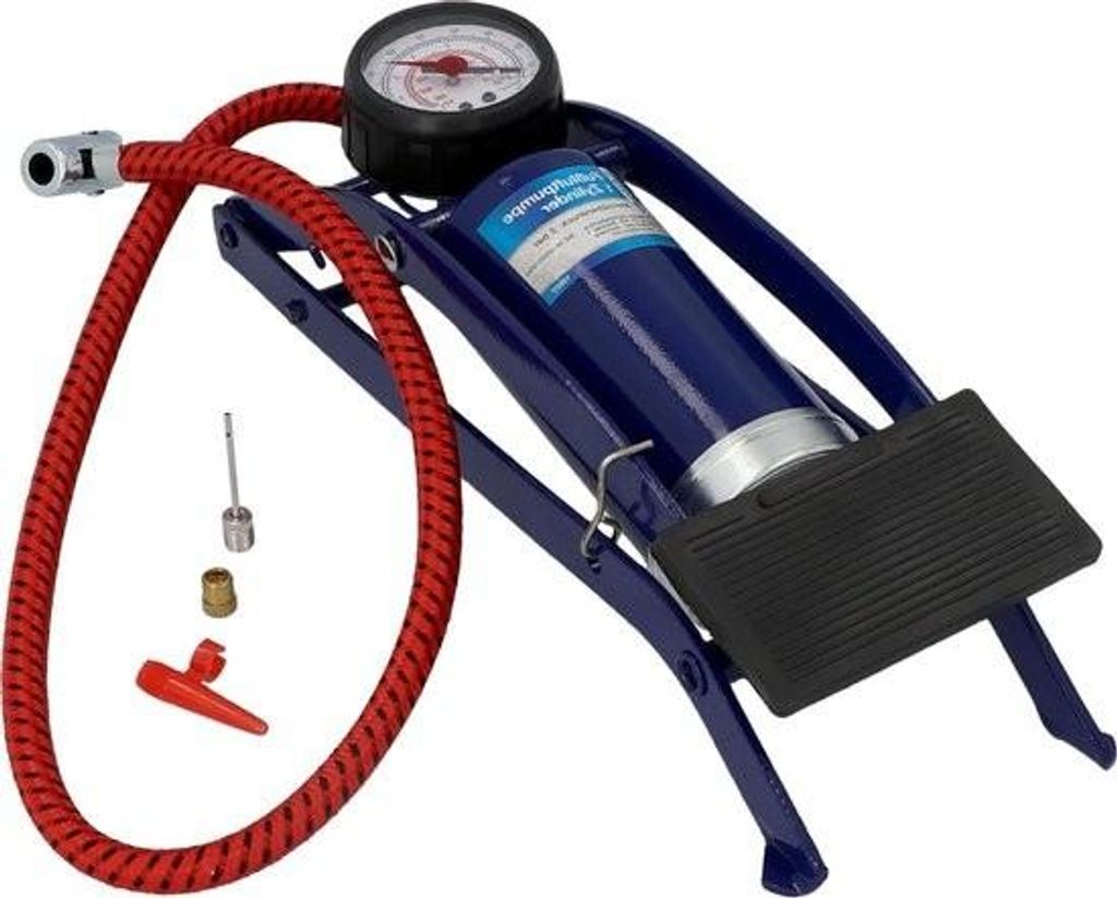 Reifenpumpe mit Manometer Einzylinder-Fußpumpe für Autoreifen - Fahrradreifen - Standardadapter - Spezialadapter - Manometer bis 7 bar - 02 l Vol...