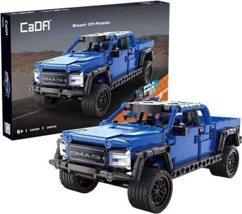 A product box for a blue off-road toy truck, with a smaller image of the assembled toy truck in the foreground.