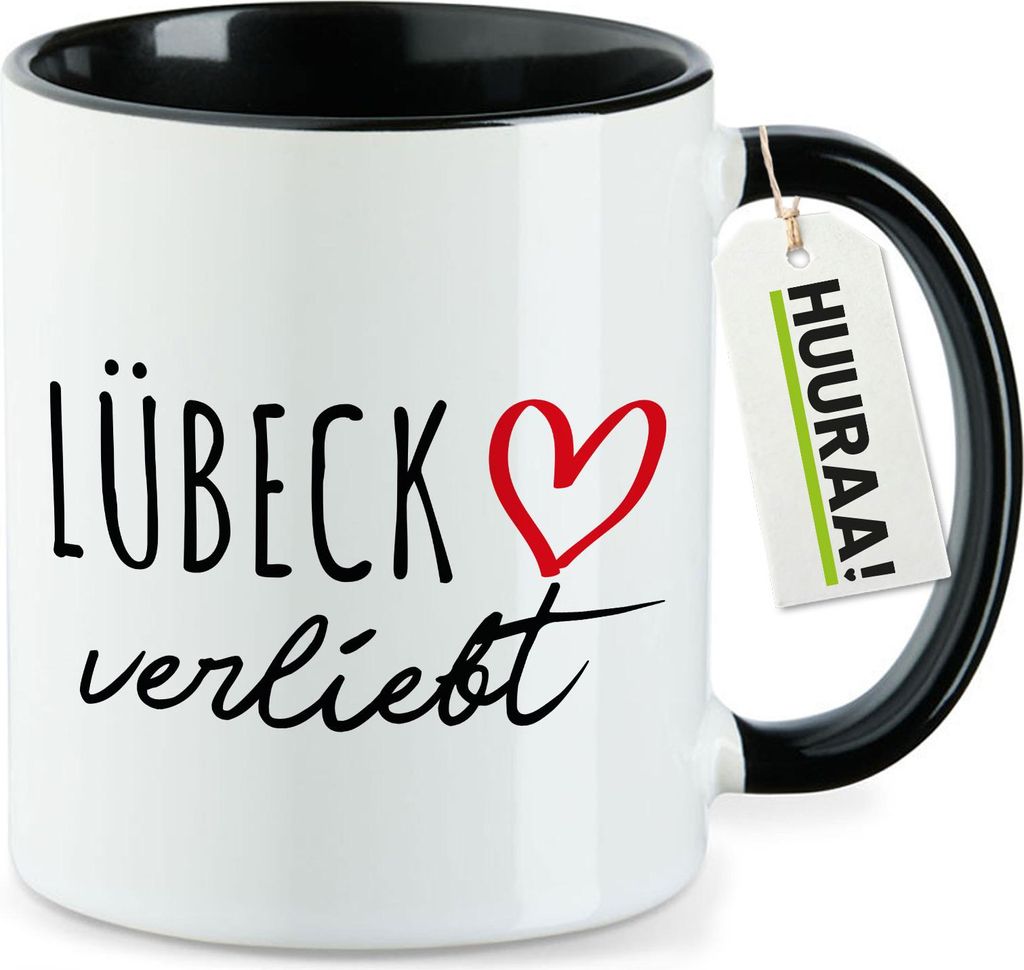 Huuraa Kaffeetasse Lübeck verliebt 330ml Schwarz Keramik Kaffeebecher Geschenkidee