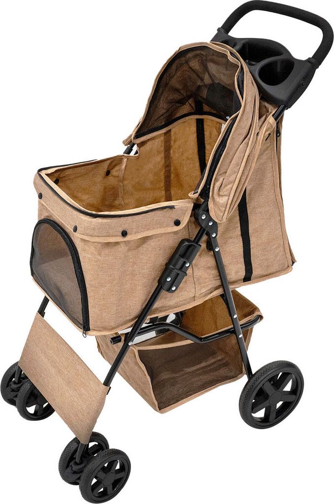 Haustierwagen, gewebter beige Träger, faltbarer Reisewagen, 15 kg Kapazität, 4 Räder, Bremsen, Katze, Hund, Sicherheitshaken, Leine, Kissen, Net...