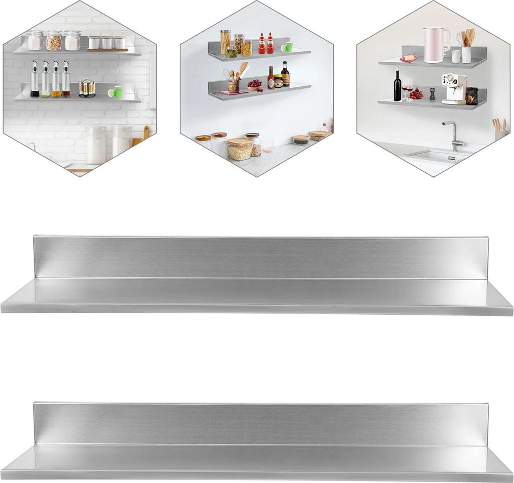 Küchenregal - Wandregal - 2er-Set - Edelstahl - Platzsparend - Tragkraft 18 kg - Silber