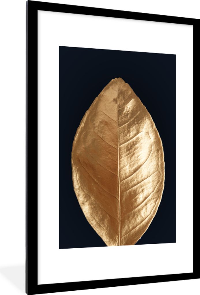 MuchoWow MuchoWow Gerahmtes Poster Schwarz - Gold - Blatt 60x90 cm - Poster mit zchwarzem Bilderrahmen - Dekoration - Wandposter Wohnzimmer - H...