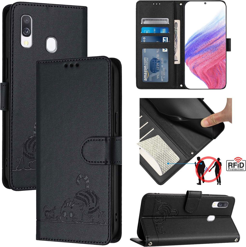Leder Hülle für Samsung Galaxy A40 Süße Katze Flip Case Brieftasche Schutzhülle mit Standfunktion Schwarz