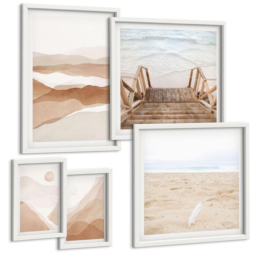 Bilder Set 5-teilig im Goldrahmen Rahmen – Wandbilder 5 Stück – gerahmte Poster für Wohnzimmer, Schlafzimmer und Flur – 50x50 cm - 40x60 cm...