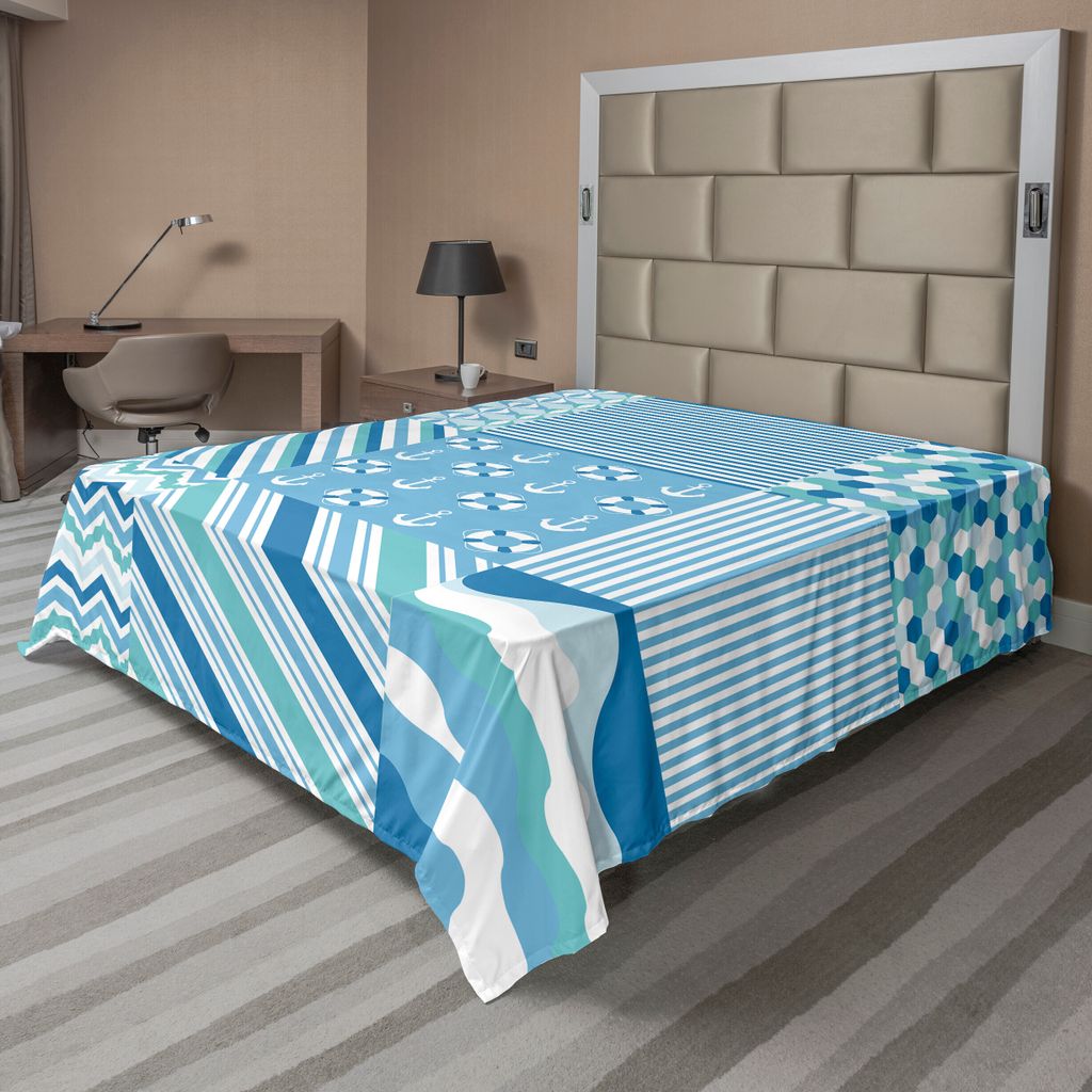 ABAKUHAUS Nautisch Bettlaken, Zick Zack Wellenförmiger Anker Life Belt Geometrisch, weiches bequemes oberes Bettlaken für ein dekoratives Bett 1 ...