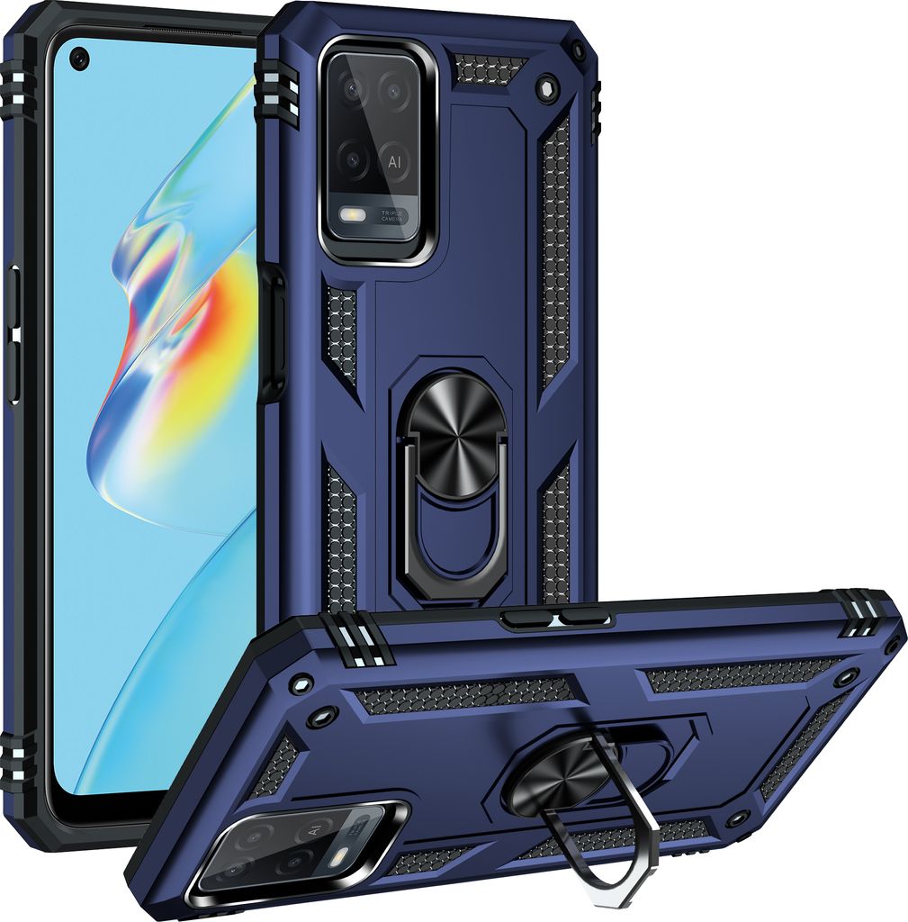 OPPO A54 4G Hülle, Dual Layer Militäre Fallschutz Schutzhülle mit Ringhalterung Ständer für OPPO A54 4G Blau