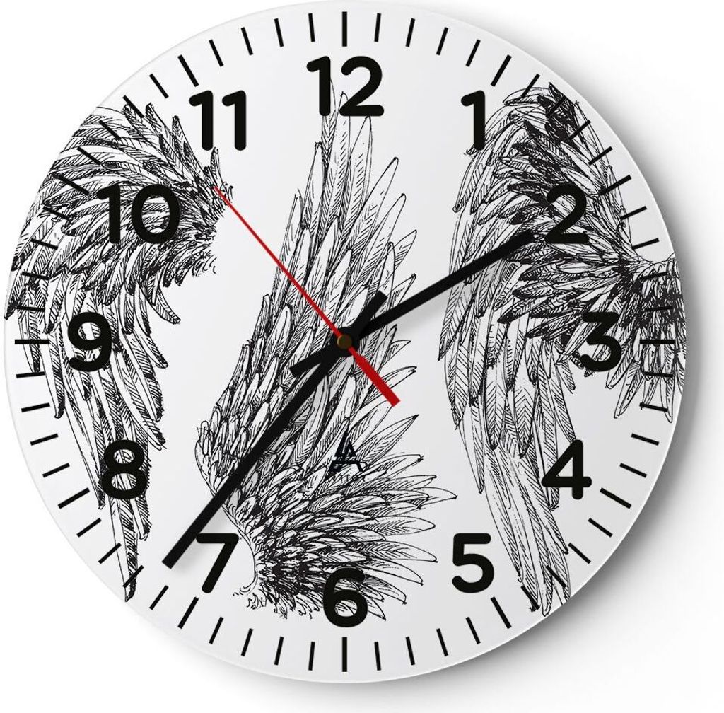 Wanduhr - Rund - Glasuhr - Zeichnung Engel Flügel Federn - 30x30cm - Schleichendes Uhrwerk - Lautlos - zum Aufhängen bereit - Dekoration Modern -...