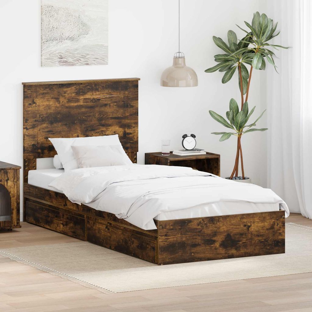 "Schlussverkauf" Einzelbett 1 PLACE - Aufbewahrungsbett moderne - Geräucherte Eiche 100x200 cm Holzwerkstoff C1659