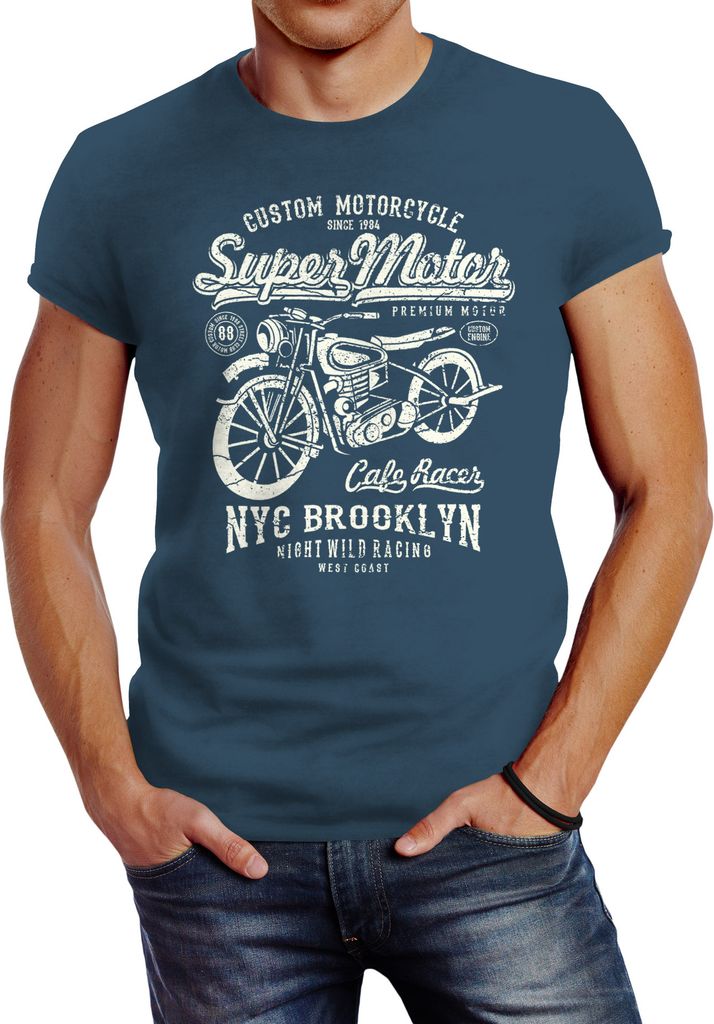 Herren T-Shirt Biker Shirt Motorrad Super Motor Retro Vintage Slim Fit Neverless denim blue L