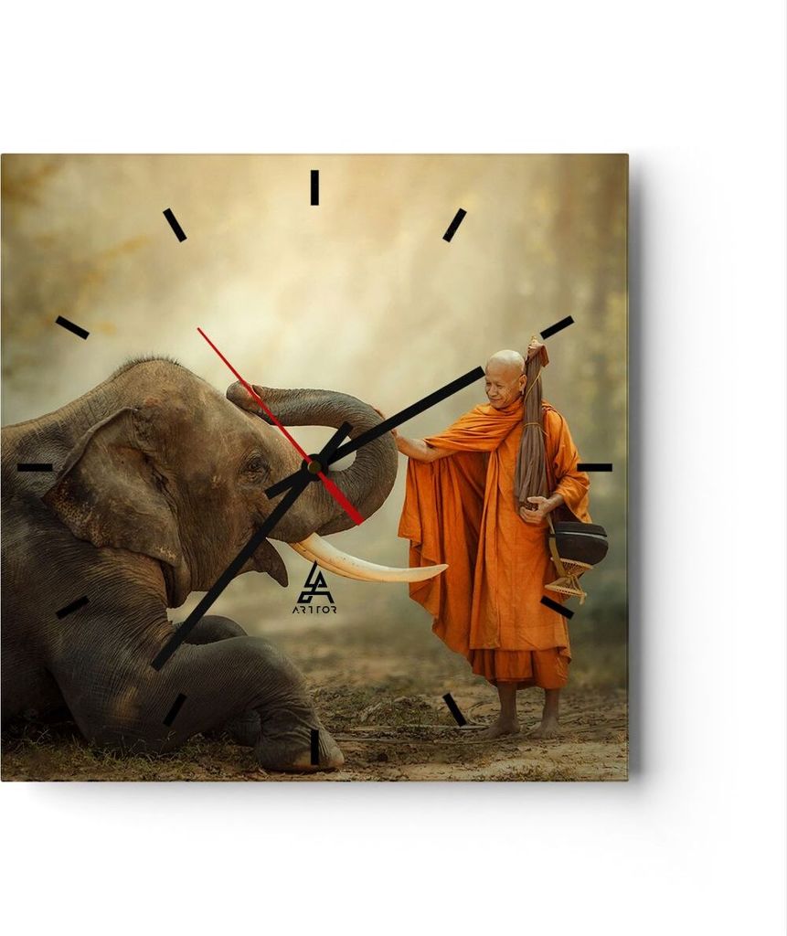 Wanduhr - Quadrat - Glasuhr - Elefant Mönch Stoßzahn - 40x40cm - Schleichendes Uhrwerk - Lautlos - zum Aufhängen bereit - Dekoration Modern - Wa...