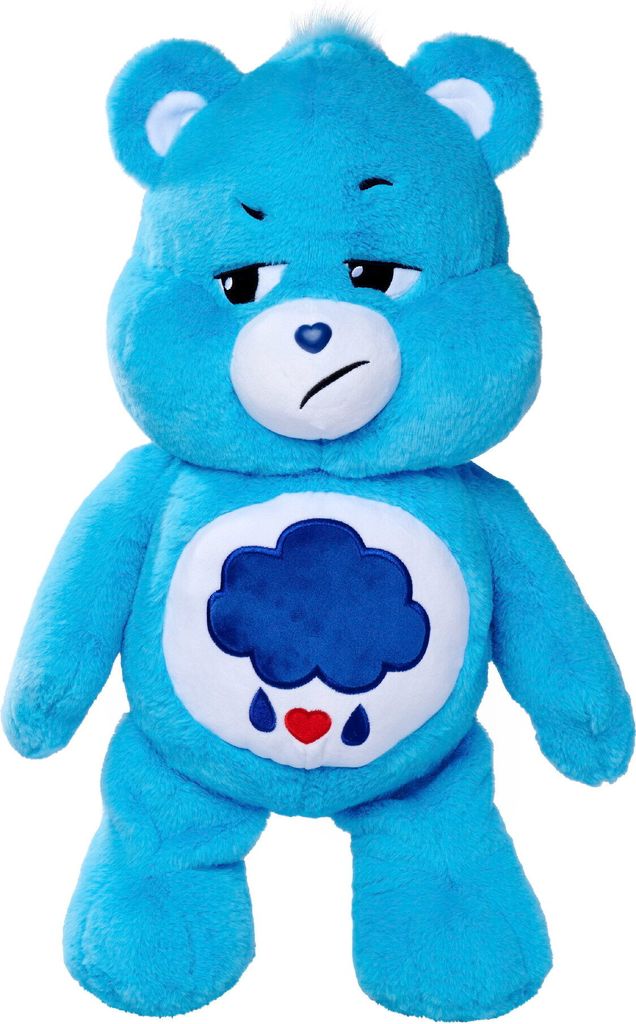 A blue plush Care Bear toy with a cloud and heart symbol on its belly, standing against a white background.