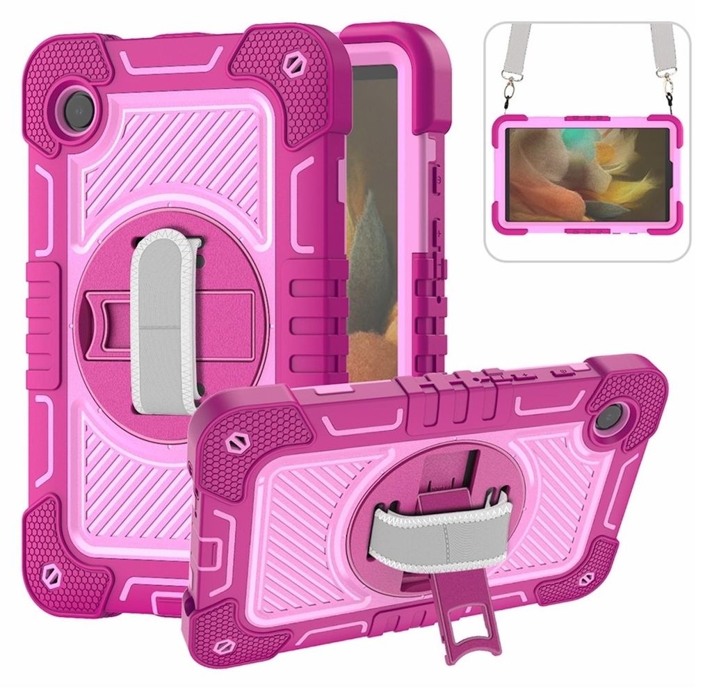 Für Samsung Galaxy Tab A9 aufstellbare Outdoor Hybrid 360 Grad mit Halte-Schlaufe Tasche Pink / Rosa