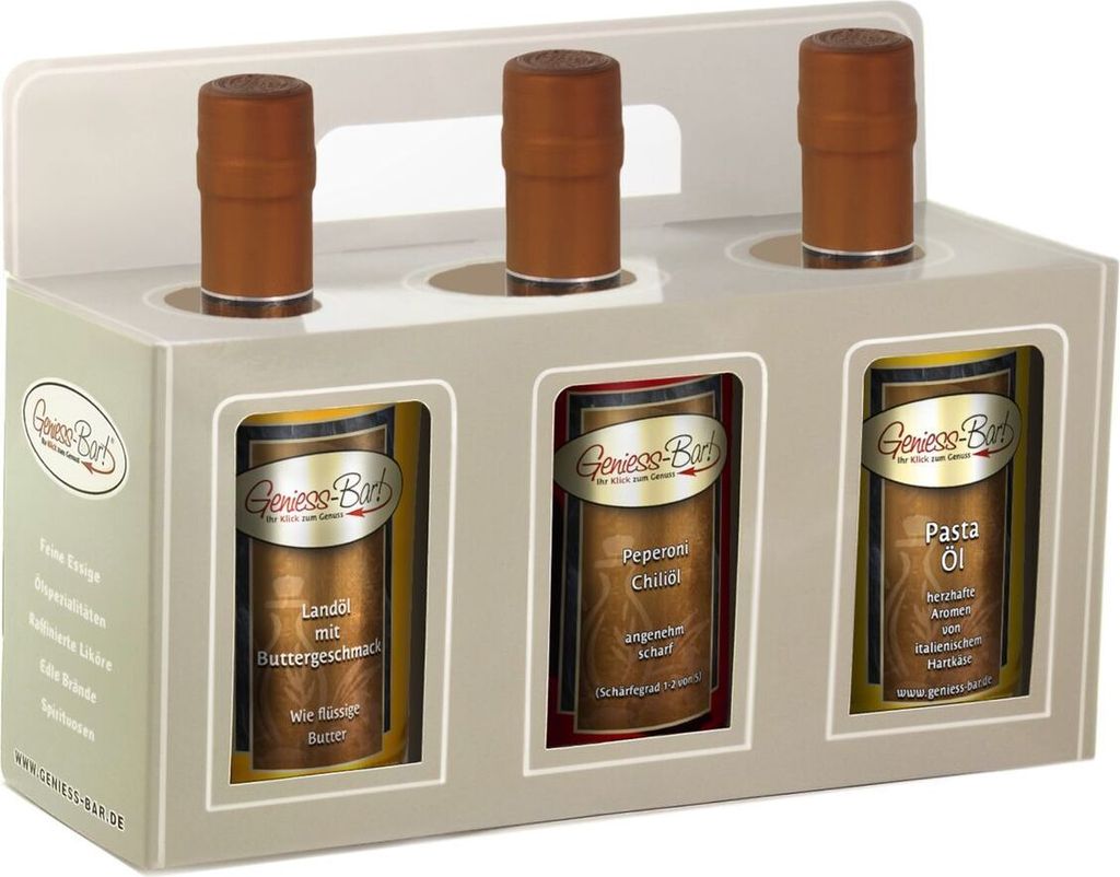 Geschenkbox 3x 500ml mit Landöl Butter / Peperoni Öl pikant / Pastaöl - Rapsöl VEGAN