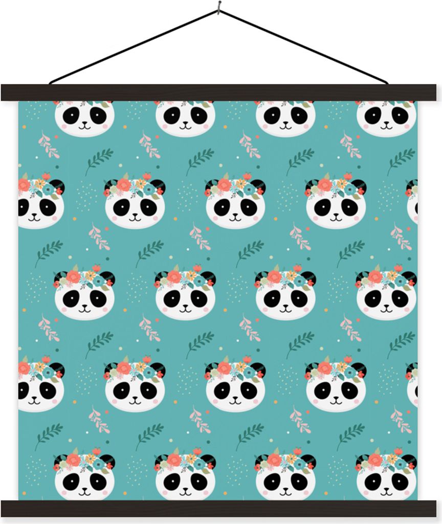 MuchoWow Textilposter Panda - Tiere - Blumen - Design 120x120 cm mit schwarzem Rahmen - Aufhängungsset