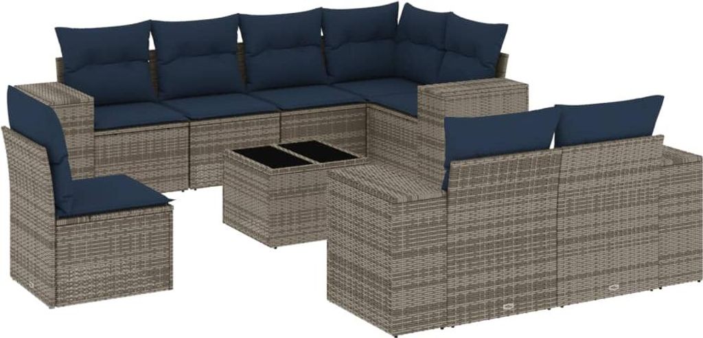 vidaXL 9-teiliges Gartensofa-Set mit Kissen, grau, Polyrattan