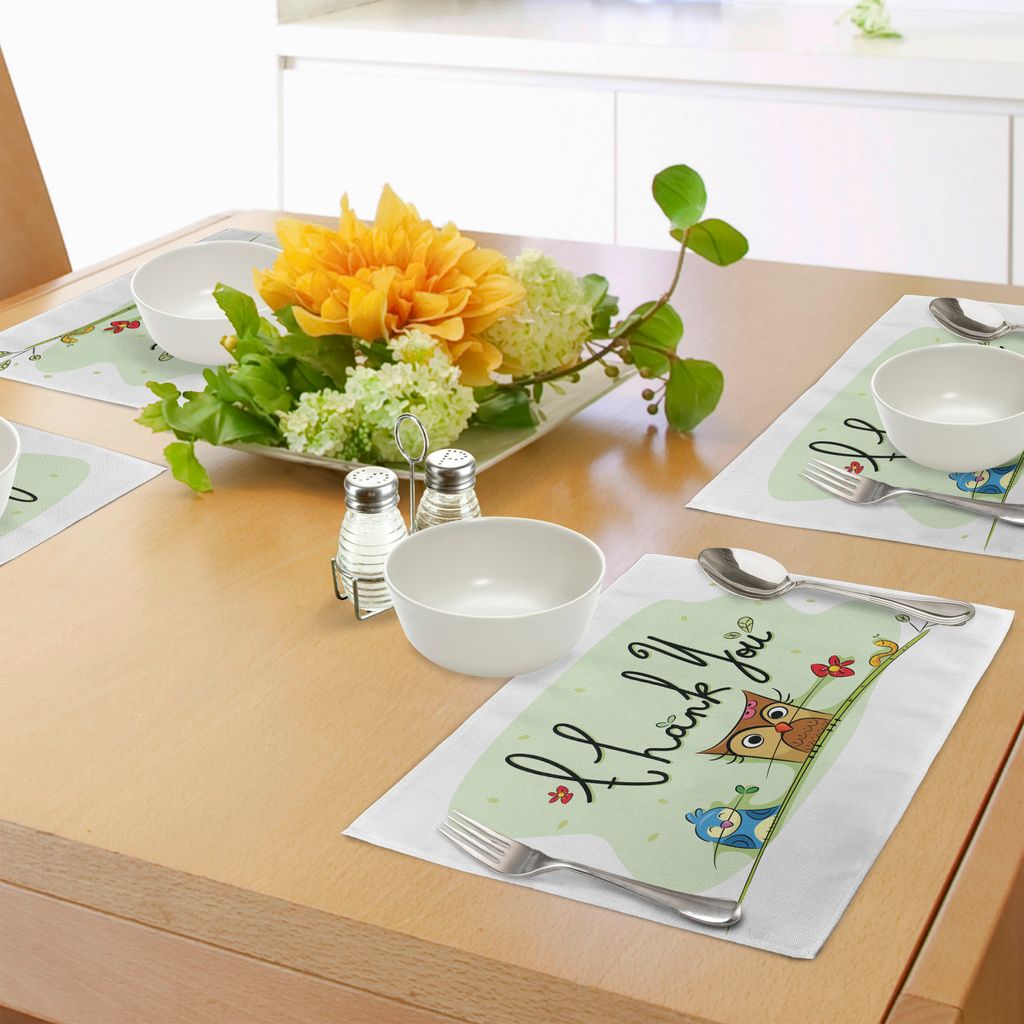 ABAKUHAUS Tier Platzmatten, Mollige kleine Vogel-Eulen-Wurm und Spatz und Blumen mit danken Ihnen, Grafik-Druck zu zitieren, Tiscjdeco aus Farbfest...