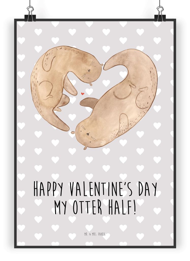 Mr. & Mrs. Panda Bild Otter Valentine DIN A3 - Grau Pastell - Geschenk, Wandbild, wanddeko, Kunstdruck, für Frauen, Freundin, Hochzeitstag, Jahres...