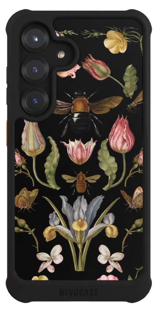 NIVOCASE Hülle für Samsung Galaxy S25 Stoßfeste Handyhülle NIVOmax Case Schwarz Biene Blumenkranz Blüte