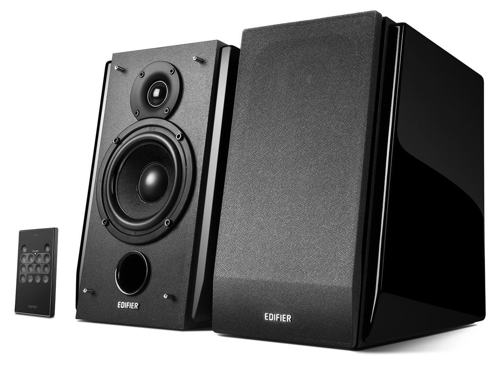 Two black Edifier speakers and a remote control are shown against a white background.