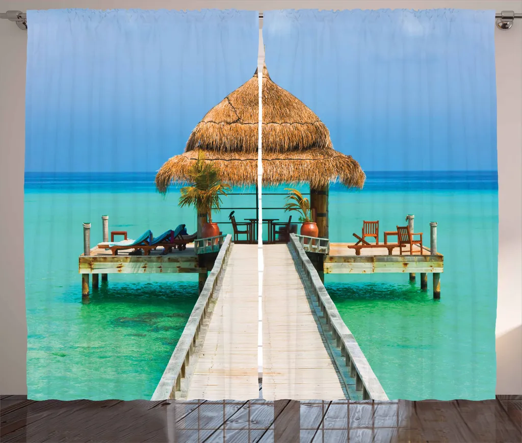 ABAKUHAUS Rideau fronces Plage des Maldives 280x225cm Bleu et Vert