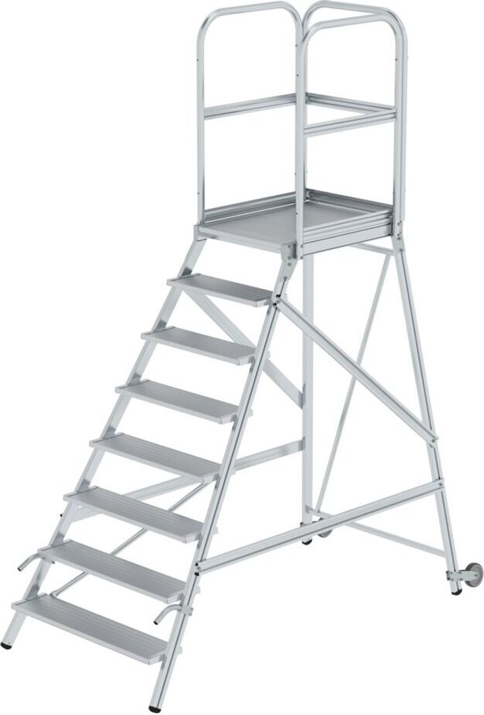 Podesttreppe einseitig begehbar mit Rollen und Griffen | Aluminium geriffelt | 8 Stufen | Rutschsichere Leiterschuhe