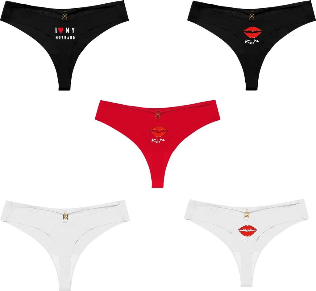 INF 5er-Pack Damen Low Waist Tanga Unterwäsche Set - Herz, Kuss, Weiß & Rot XL