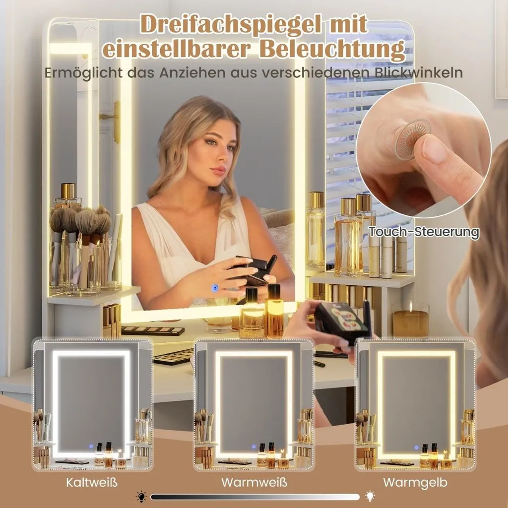 Coiffeuse d'angle avec miroir LED, tabouret et ports USB intégrés - Blanche - 5
