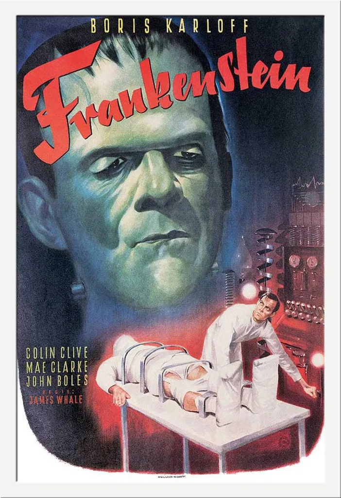 Décoration murale Frankenstein Boris Karloff, grand cadre blanc pour salon