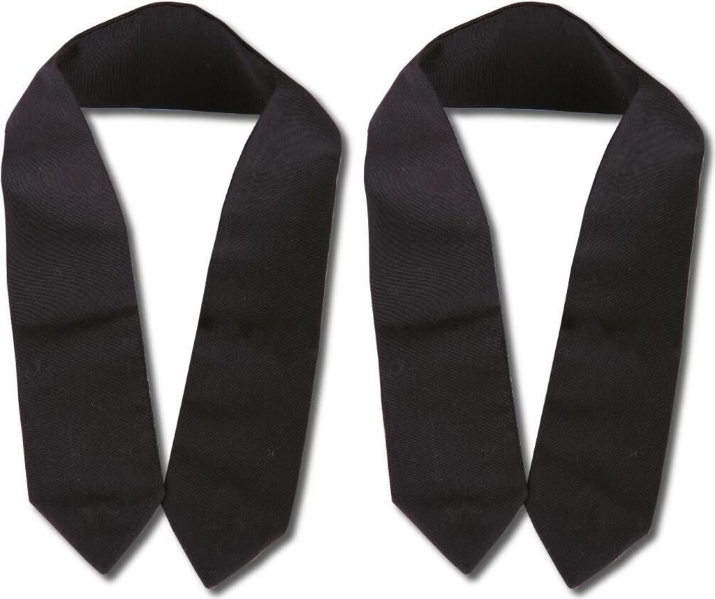 Two black fabric tie-backs for curtains are laid out on a white background.